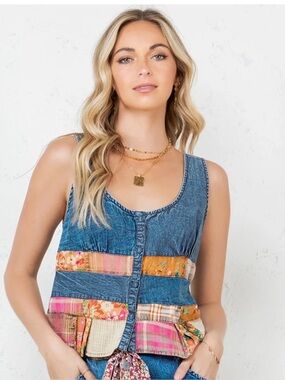 K150 Young Threads Women’s Denim Patchwork Tank Top Blue Denim Multi-Color NWT